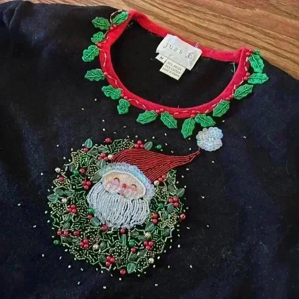 Christmas Sweater Beaded Santa Holly and Jingle Bells Shoulder Pads Size Medium